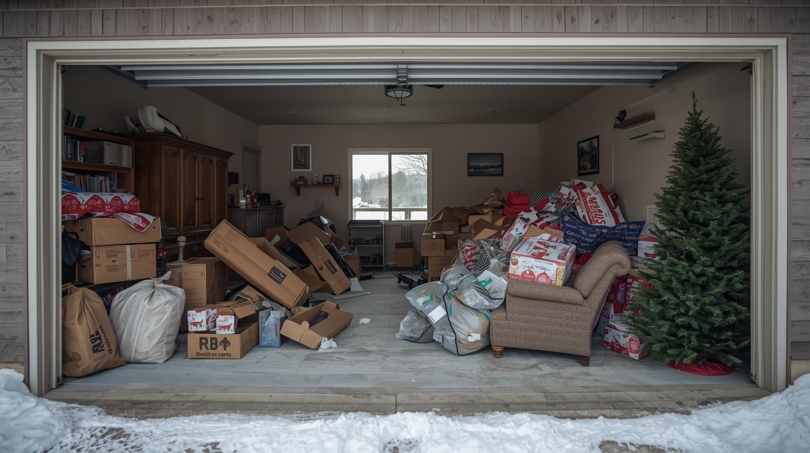 Open Colorado garage filled with boxes, furniture, and a Christmas tree, with snow visible outside the entrance.