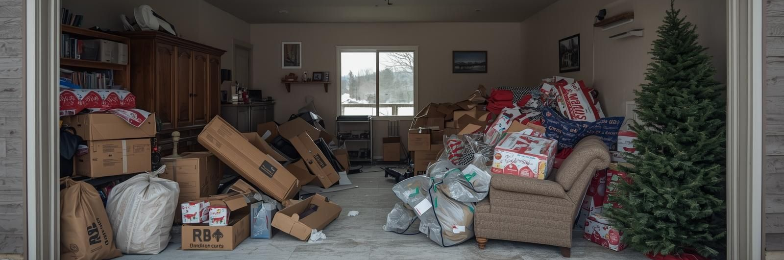 Open Colorado garage filled with boxes, furniture, and a Christmas tree, with snow visible outside the entrance.