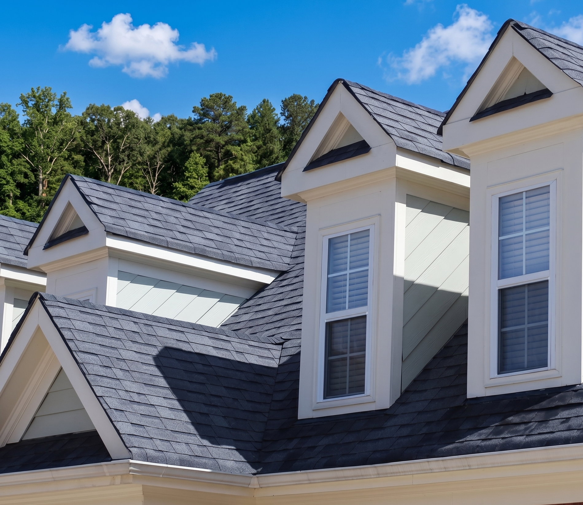 White dormer windows on a gray shingled roof under a blue sky with trees in the background