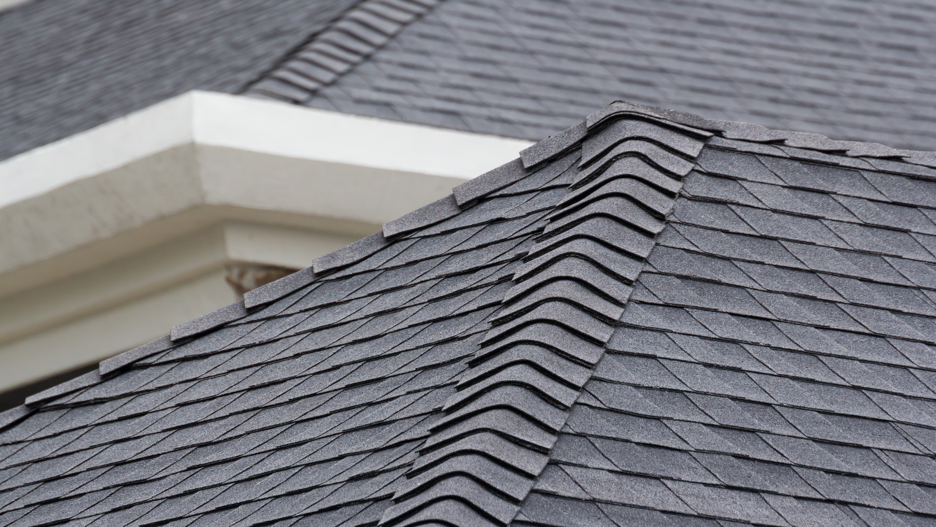 Close-up of a gray shingled roof beside a white house trim and gable