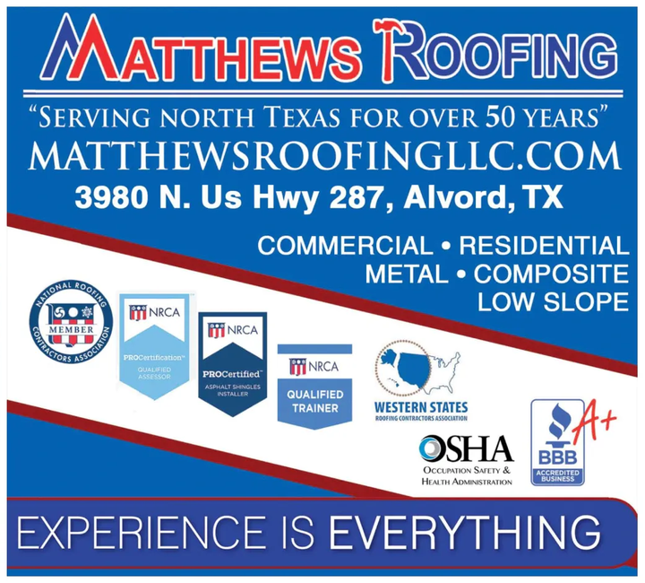 Matthews Roofing business ad in blue and red, serving North Texas, with website, address, and roofing services listed