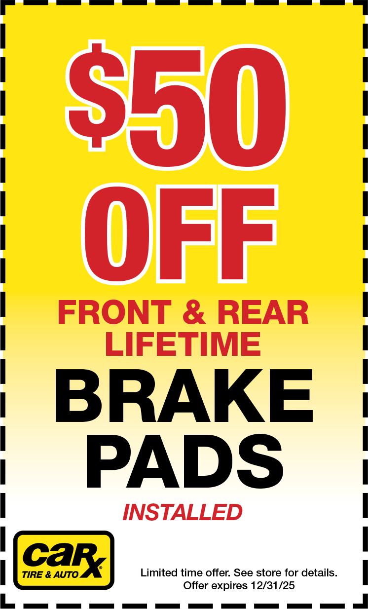 $50 off front & rear lifetime brake pads installed. Yellow and red promotional sign. Expires 11/30/23.