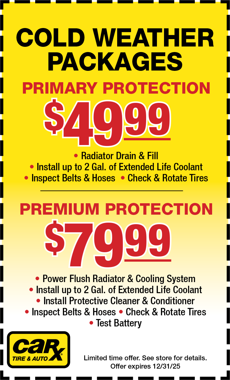 Advertisement for CarX Tire & Auto cold weather packages: primary ($49.99) & premium ($79.99), yellow background.
