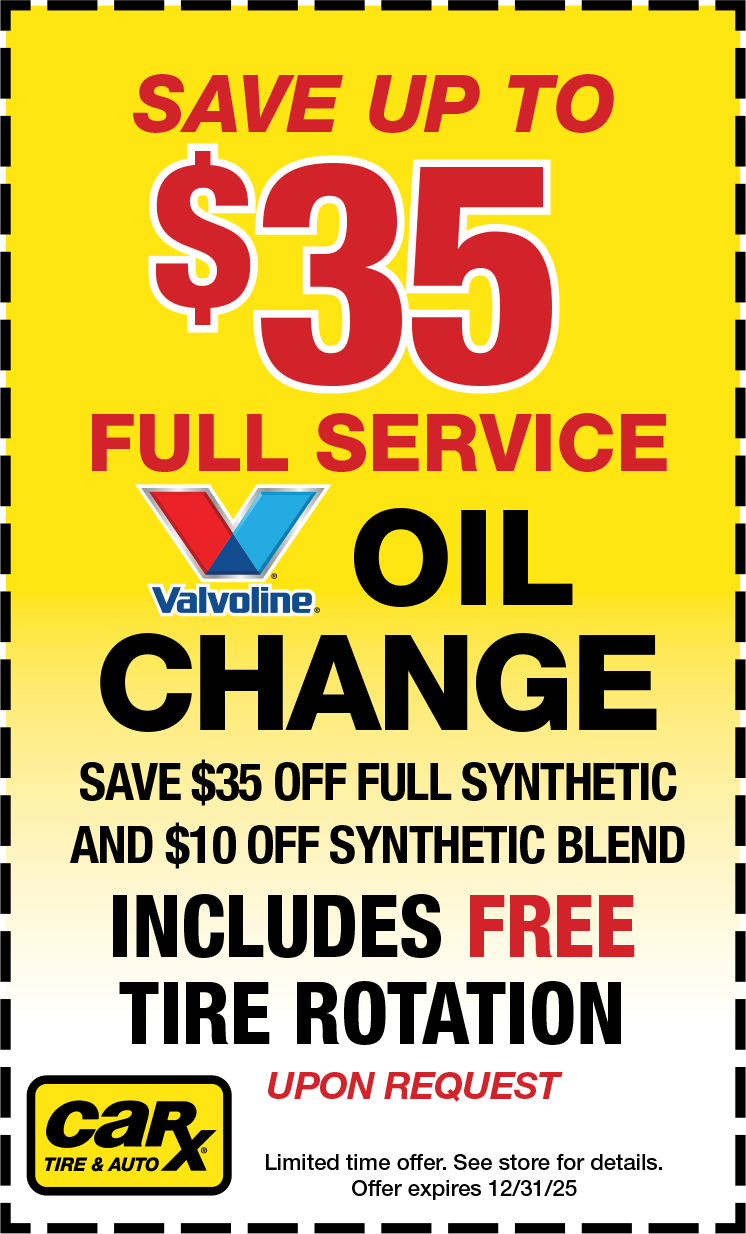 Yellow coupon for a Valvoline oil change, saving up to $35 with free tire rotation.
