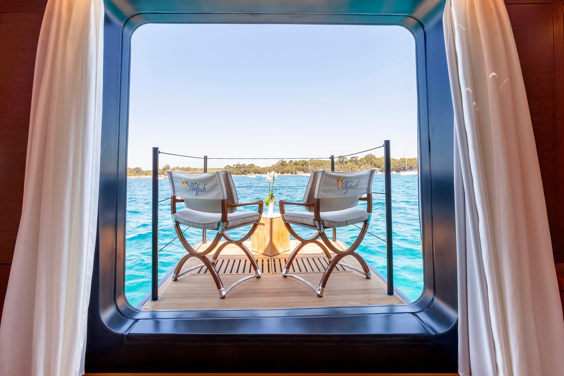 Master suite opening onto the sea aboard sailing yacht Nefesh
