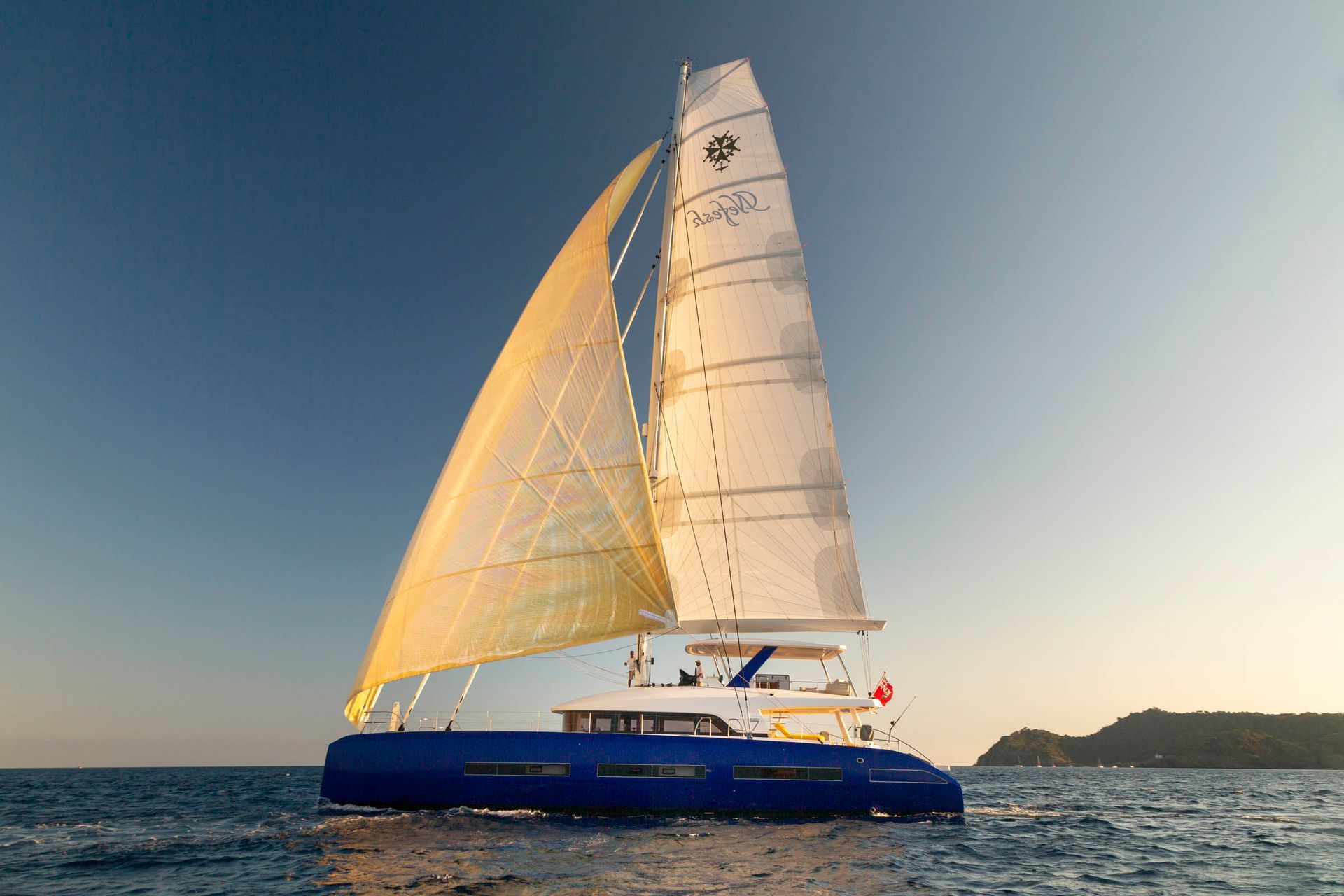 Sailing yacht Nefesh underway with full sails viewed from sea level