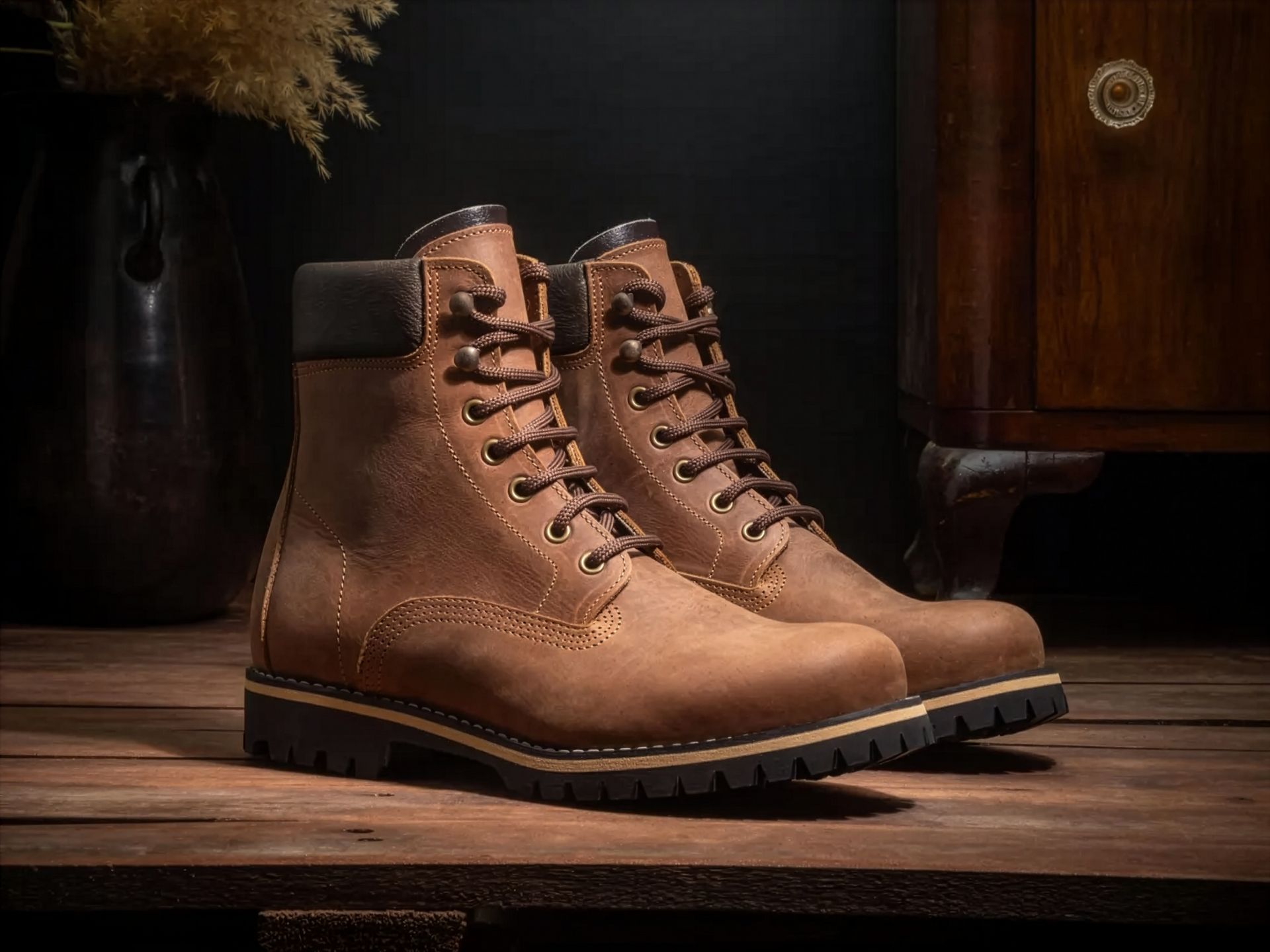 Commercial product photograph of boots on set