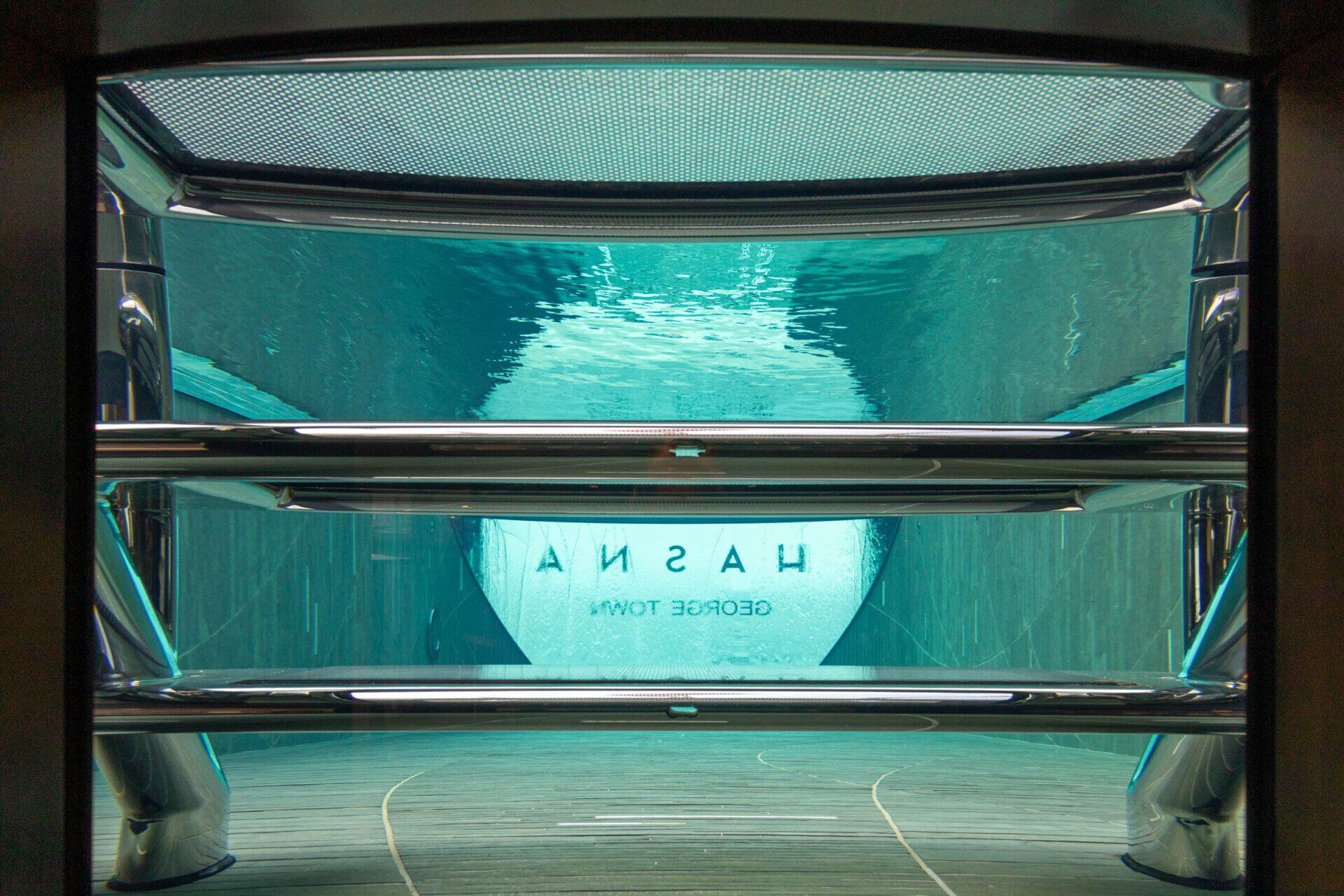 Underwater view through the glass-sided pool aboard motor yacht Hasna