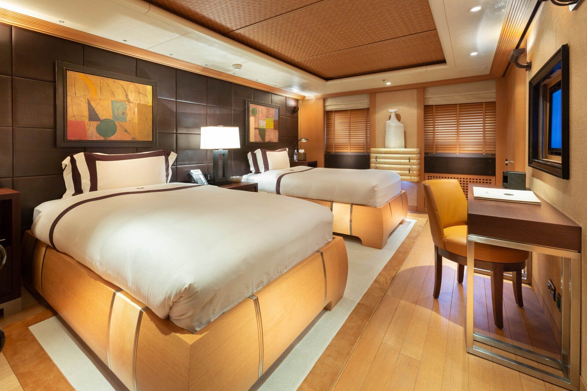 Twin guest stateroom aboard motor yacht Kogo