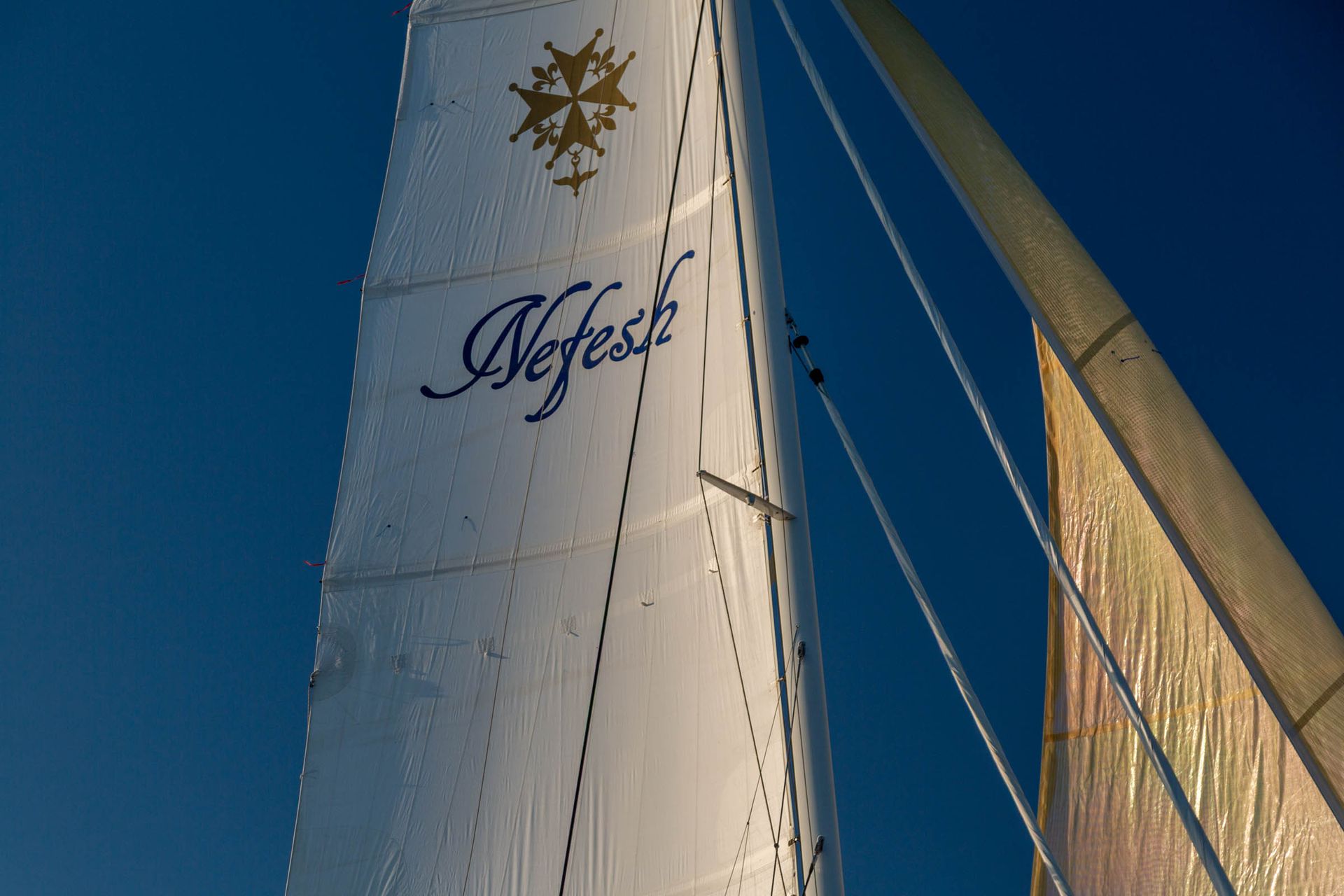 Close view of the branded sail and rigging