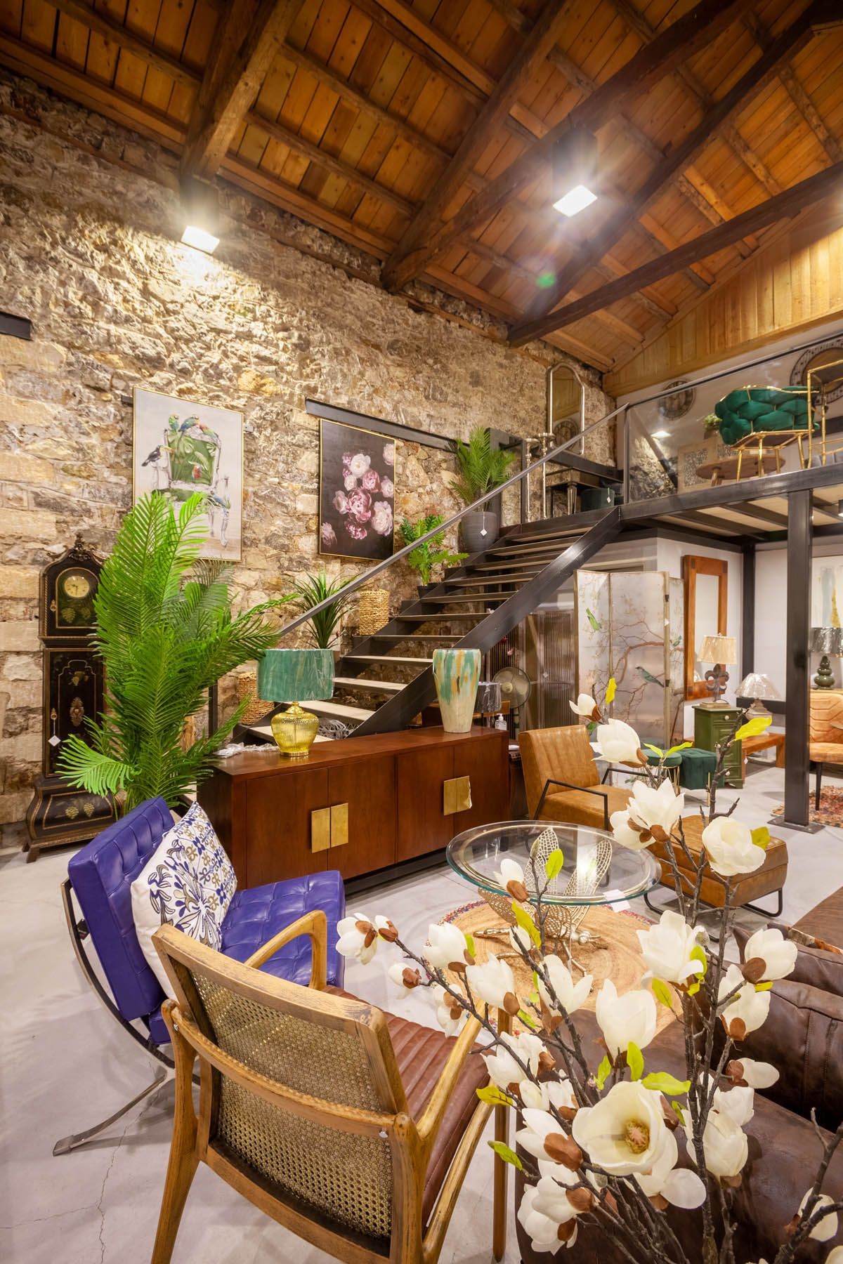 Stone walls and timber ceiling inside a hospitality venue