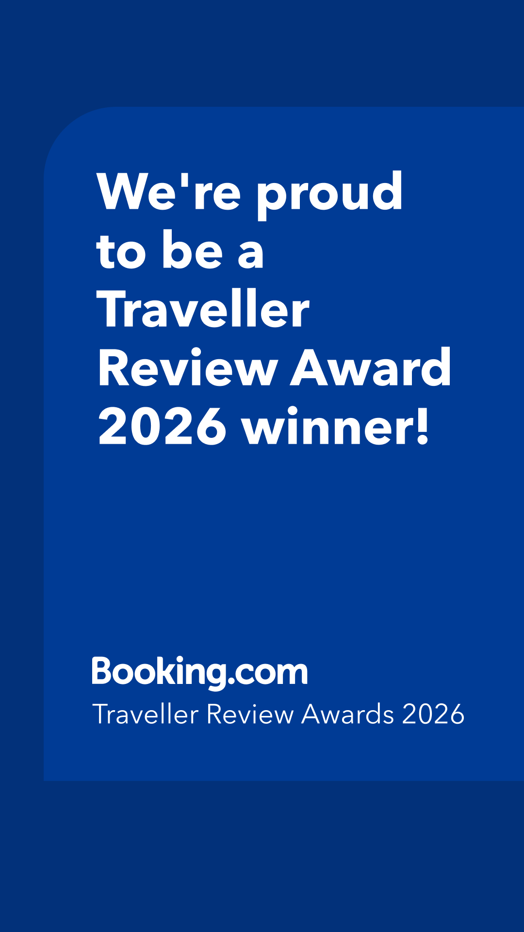 Blue Booking.com banner reading “We’re proud to be a Traveller Review Award 2026 winner!”