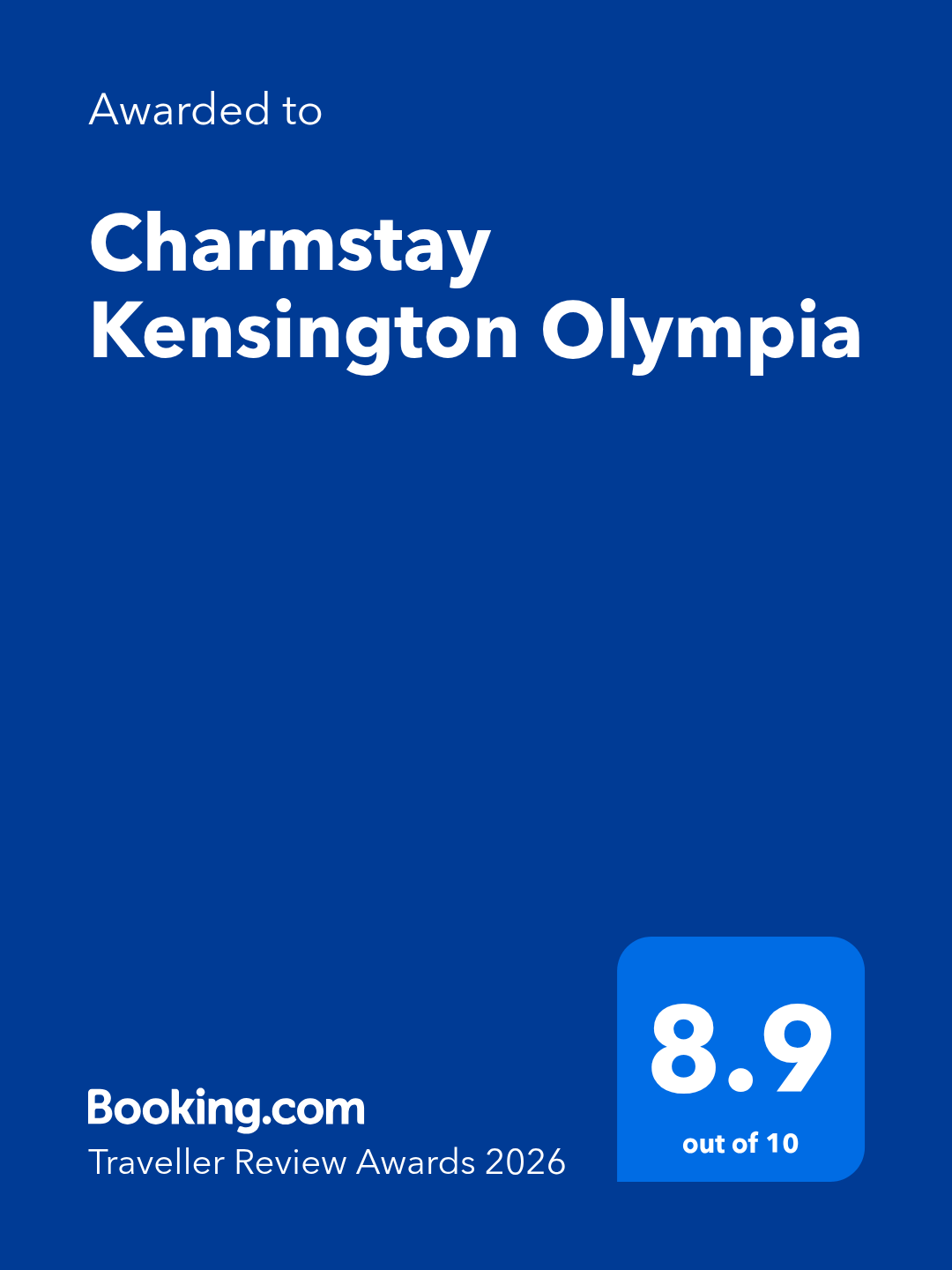 Booking.com award badge for Charmstay Kensington Olympia, with 8.9 out of 10 on blue background