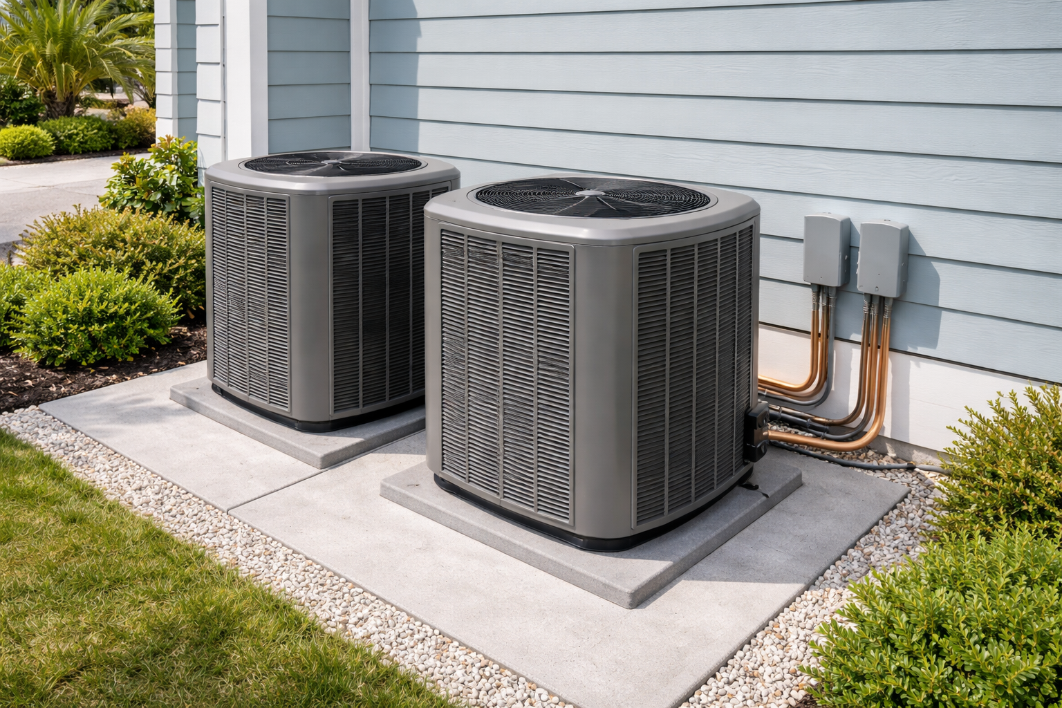 Two outdoor air conditioning units beside a house with gray siding and copper pipes.