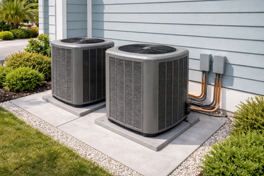 Two outdoor air conditioning units beside a house with gray siding and copper pipes.
