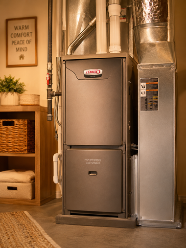 Basement furnace and air handler beside ductwork, with a wall sign and wicker storage cabinet.