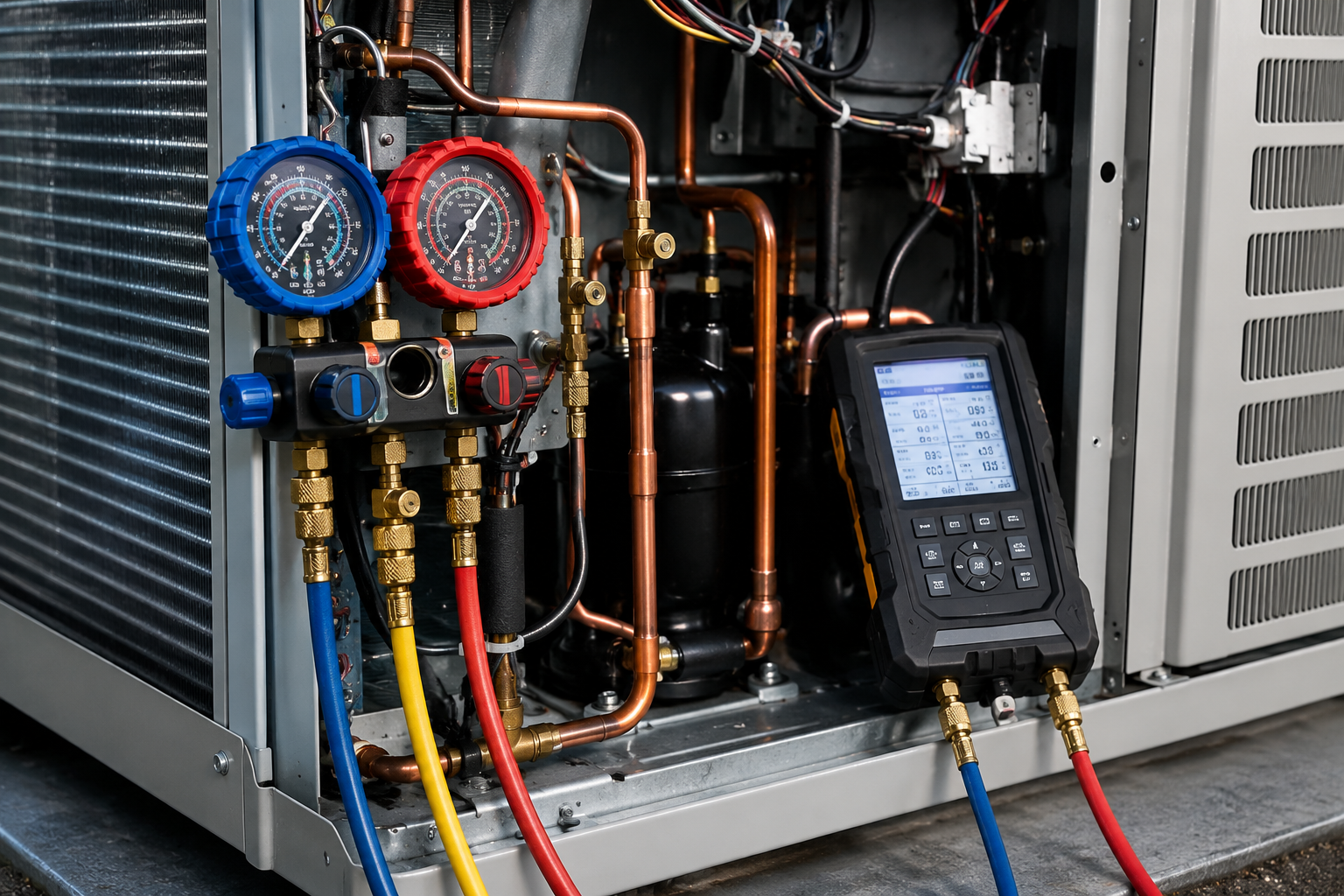 HVAC service manifold gauges and diagnostic tablet connected to an outdoor unit's copper lines