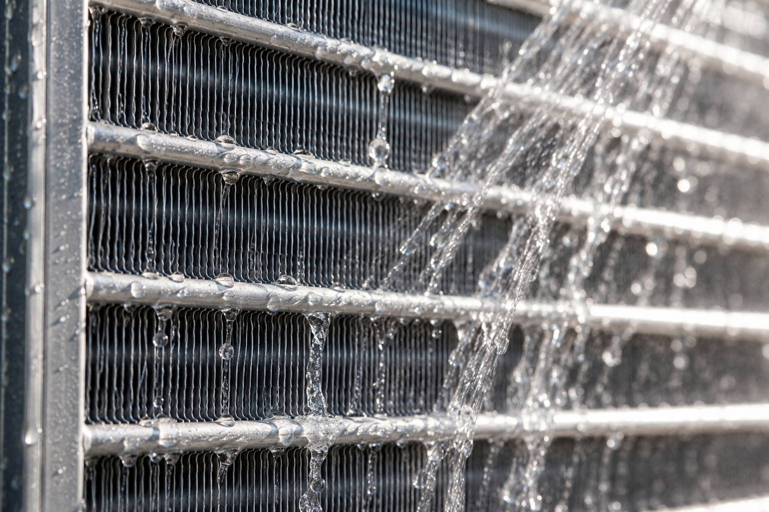 Close-up of water spraying over a metal radiator or HVAC coil
