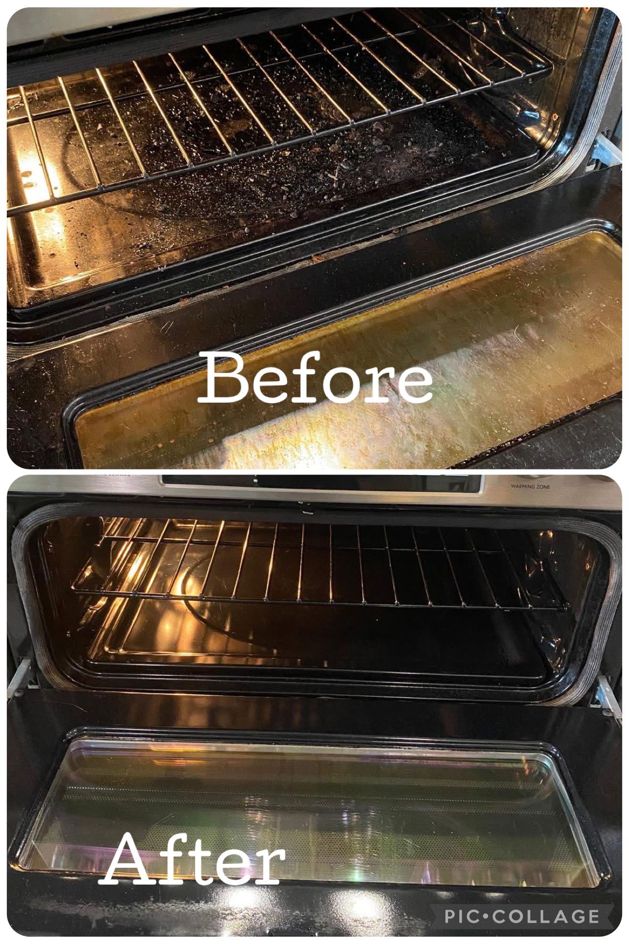 Oven interior before and after cleaning, showing a dirty oven on top and a clean one below.