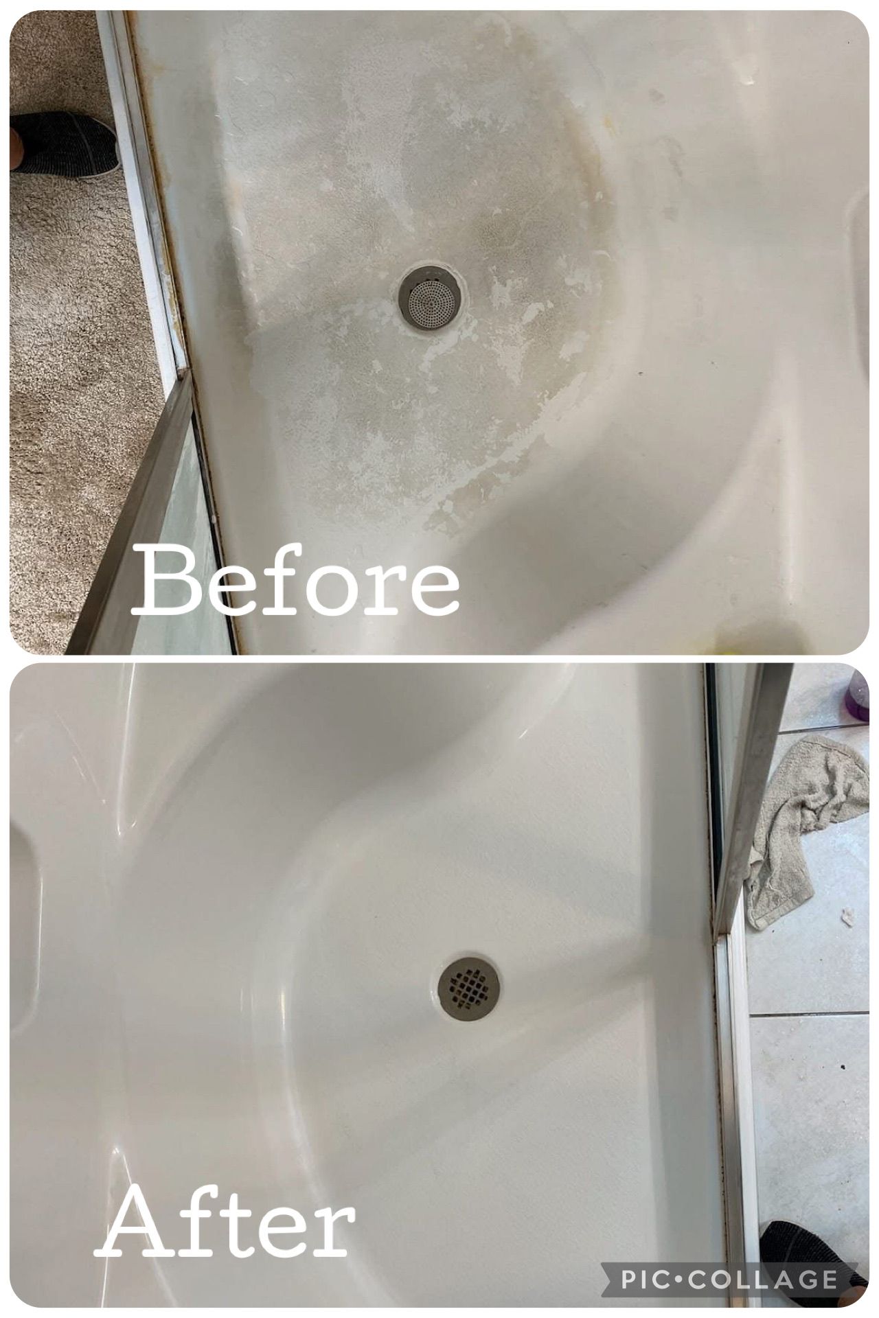 Before-and-after view of a dirty white sink cleaned to a bright white finish.