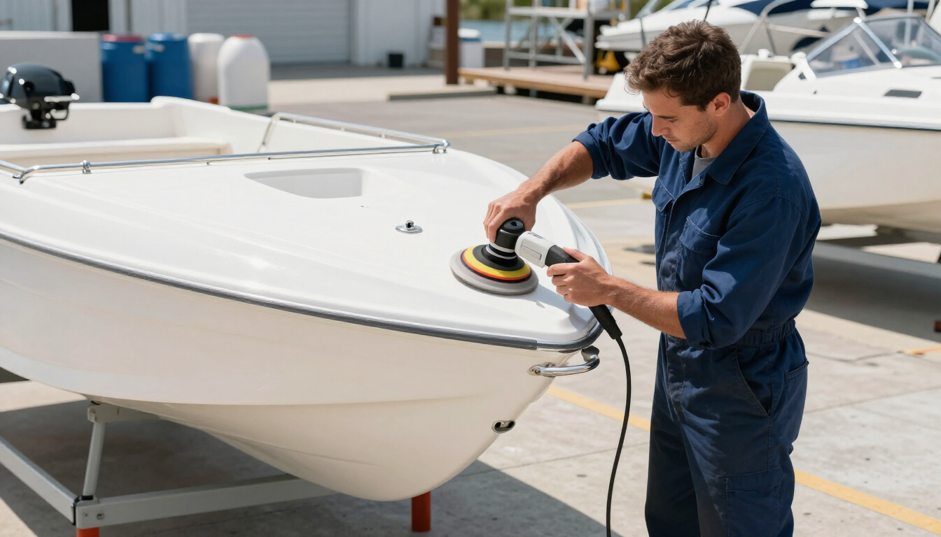 Marine technician polishing a fiberglass boat hull