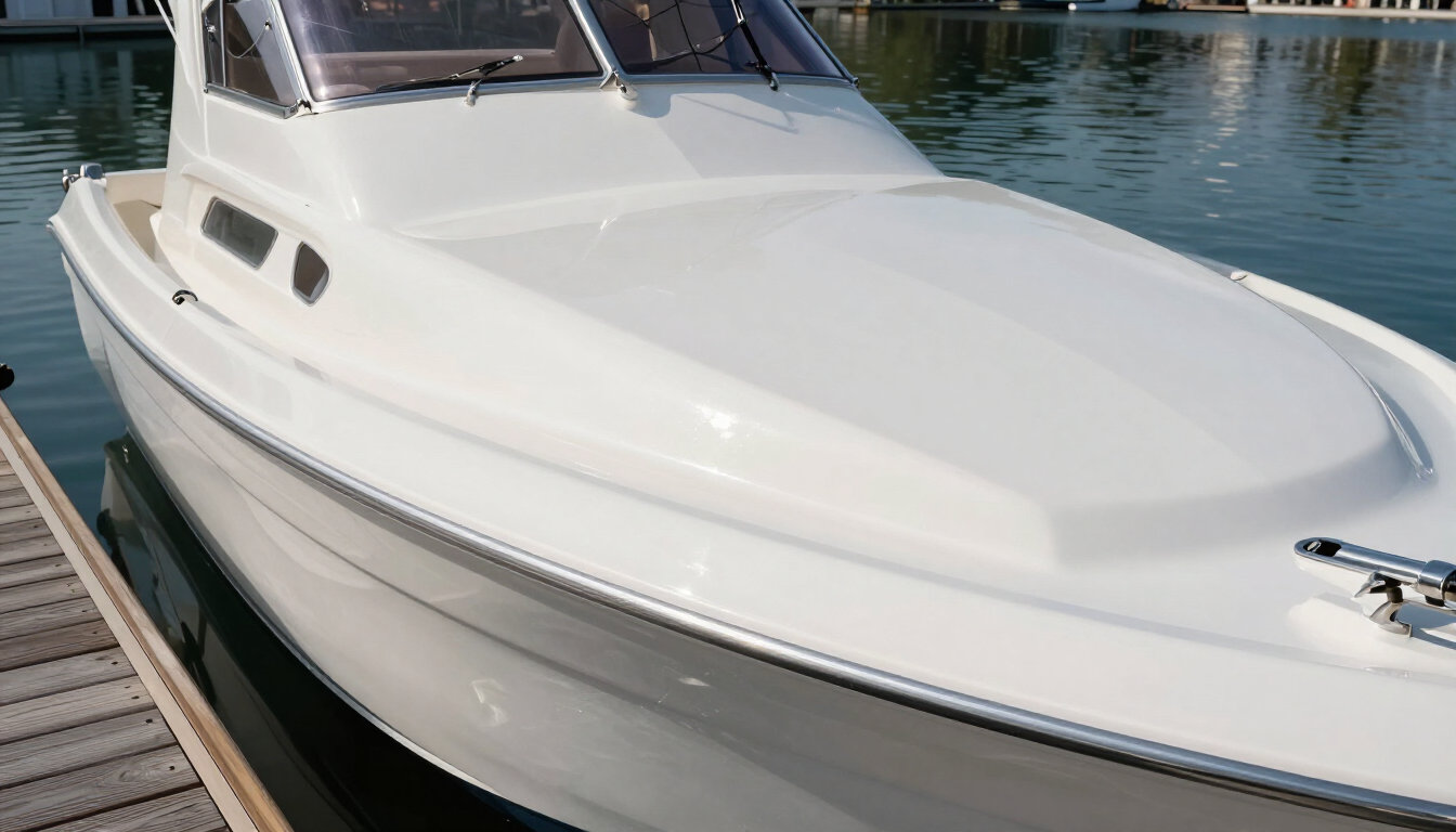 Glossy restored boat hull reflecting sunlight at the dock