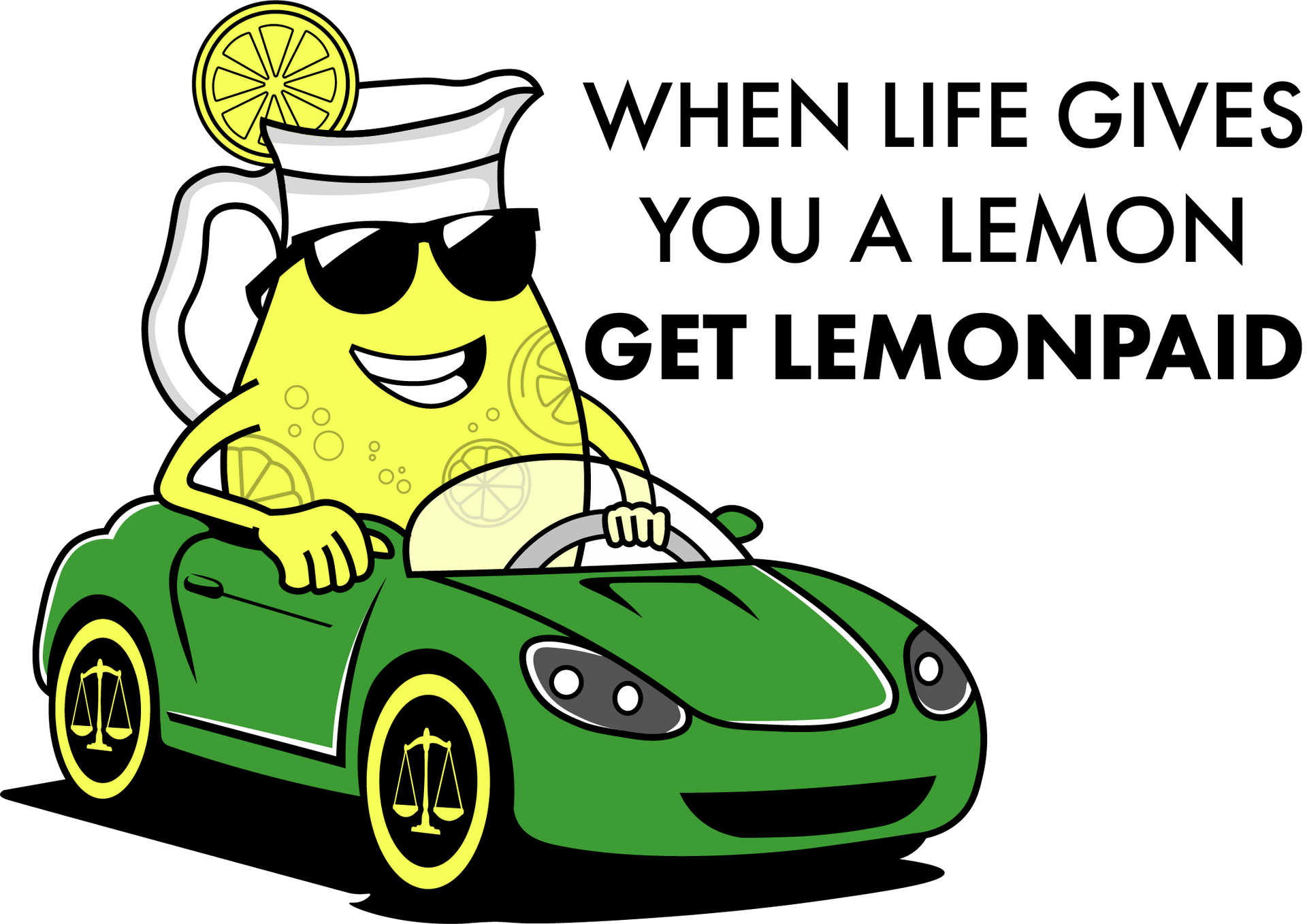 A cartoon of a lemon driving a green car.