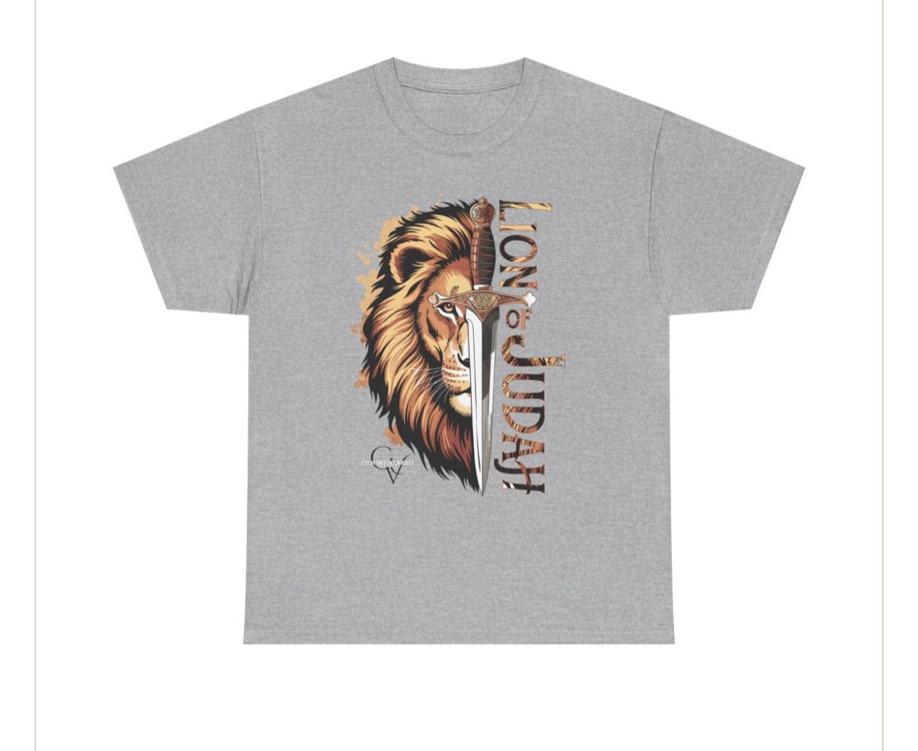 A grey t-shirt with a picture of a lion and a cross on it