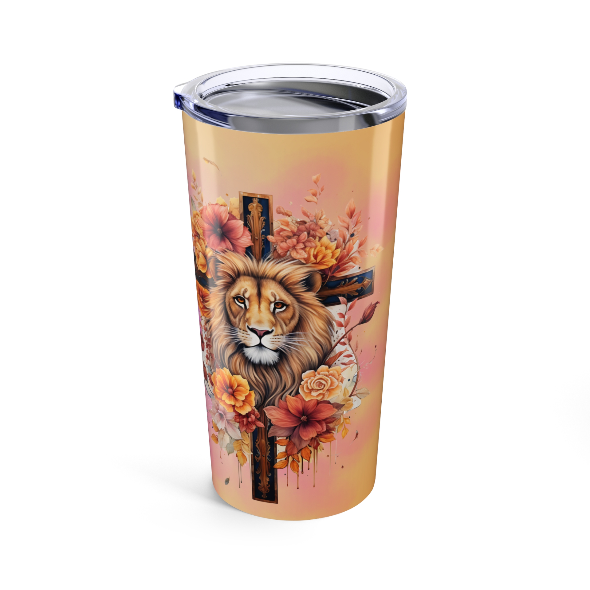 A stainless steel tumbler with a lion and flowers on it