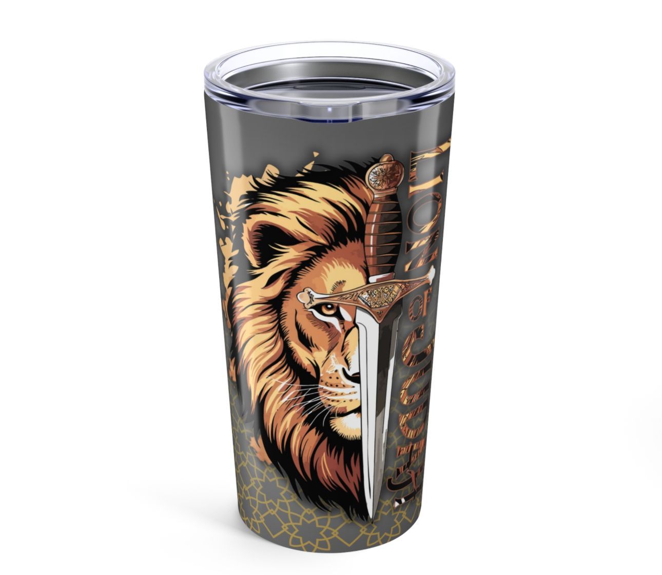 A stainless steel tumbler with a lion and flowers on it
