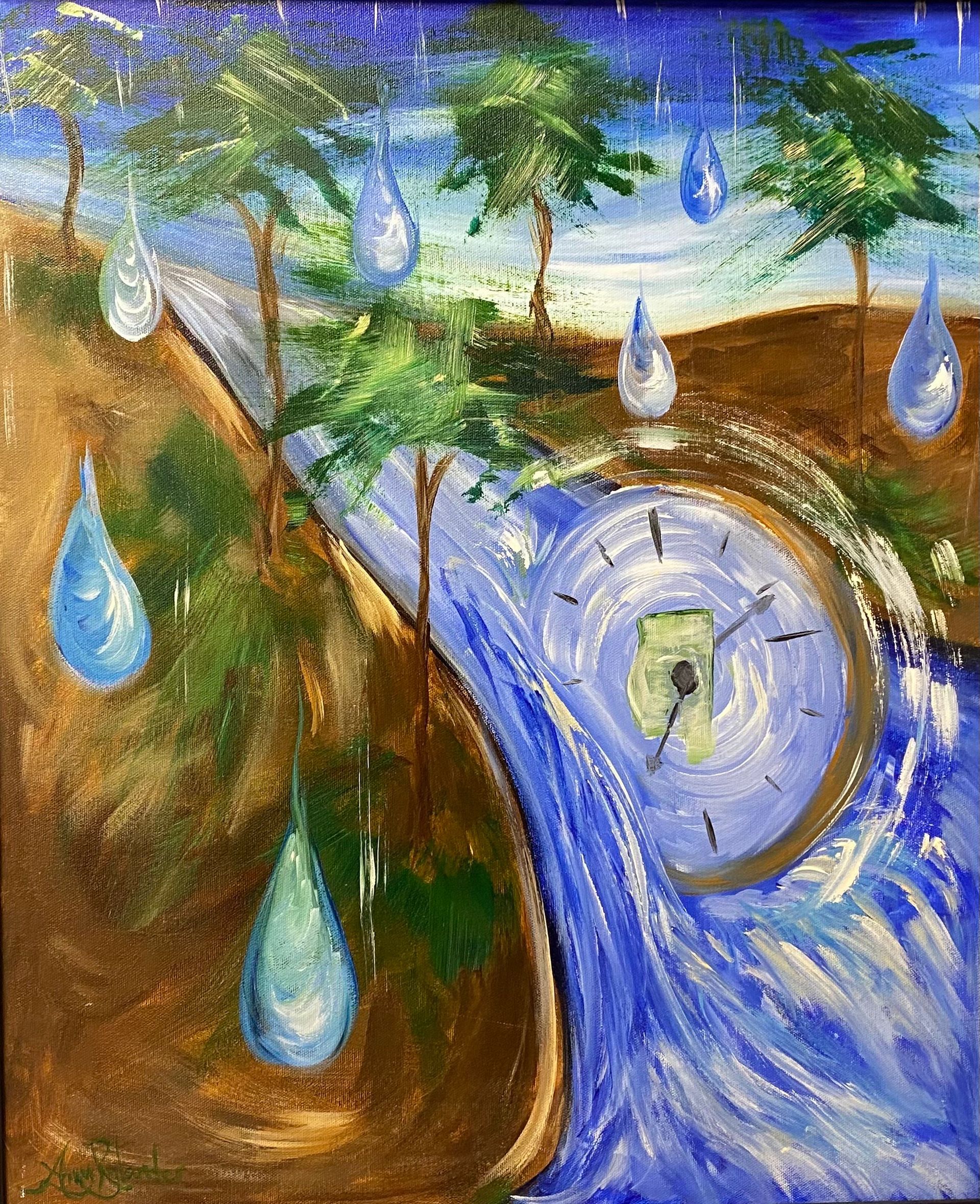 A painting of a river with a clock in the middle