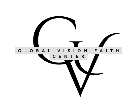 A black and white logo for the global vision faith center