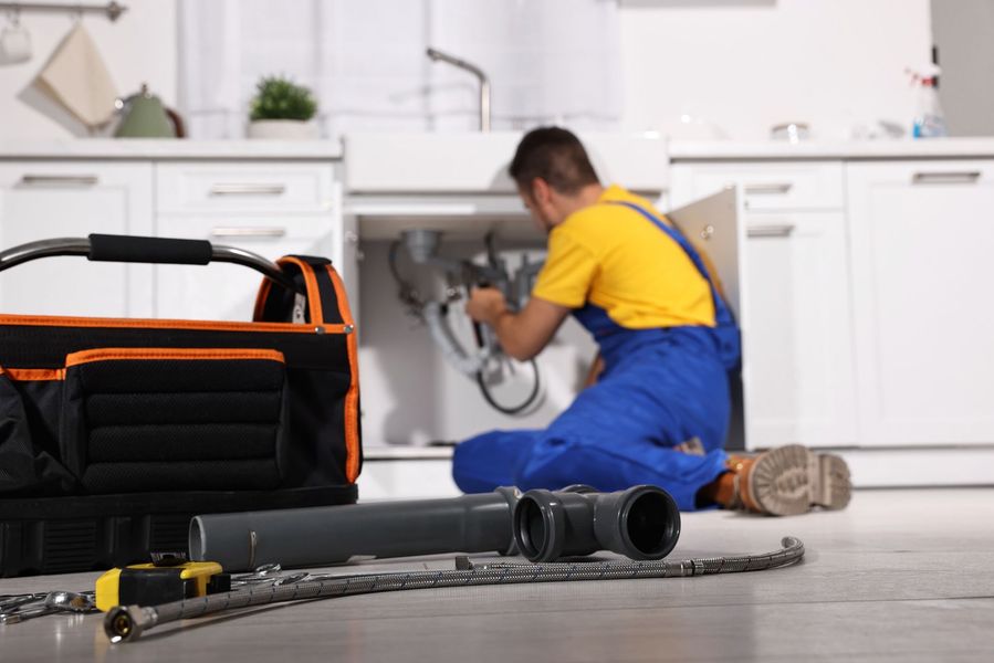 Plumber in blue overalls fixing a sink under a white bathroom vanity, with tools in the foreground