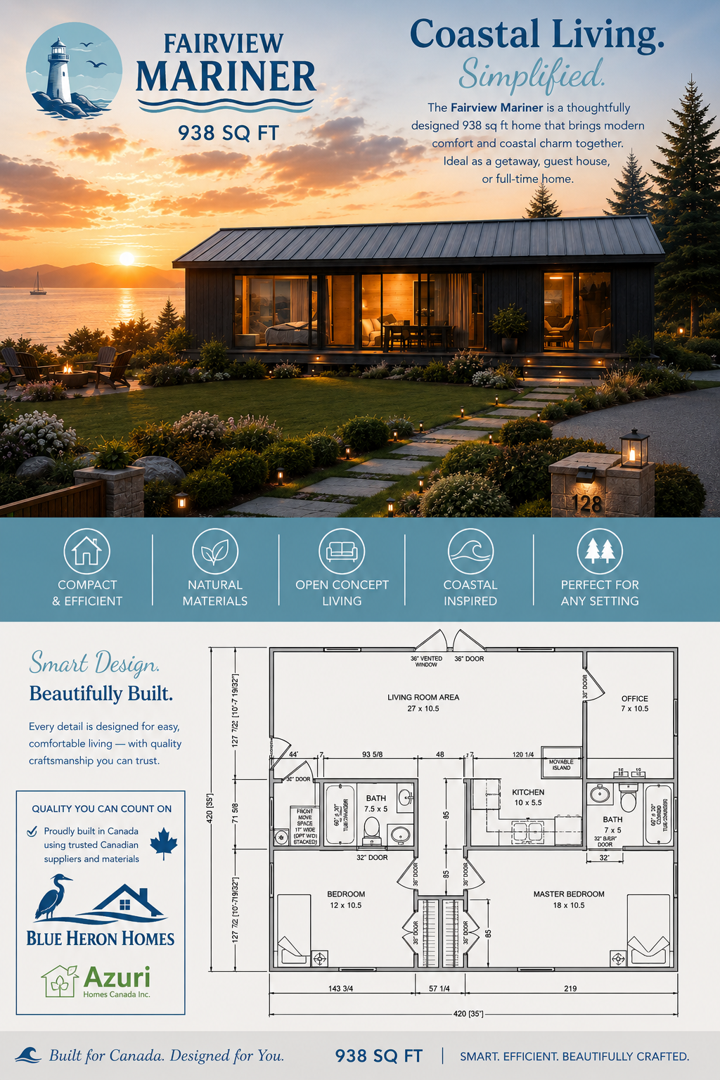 Mariner home ad showing a modern coastal house at sunset with floor plan and luxury features.