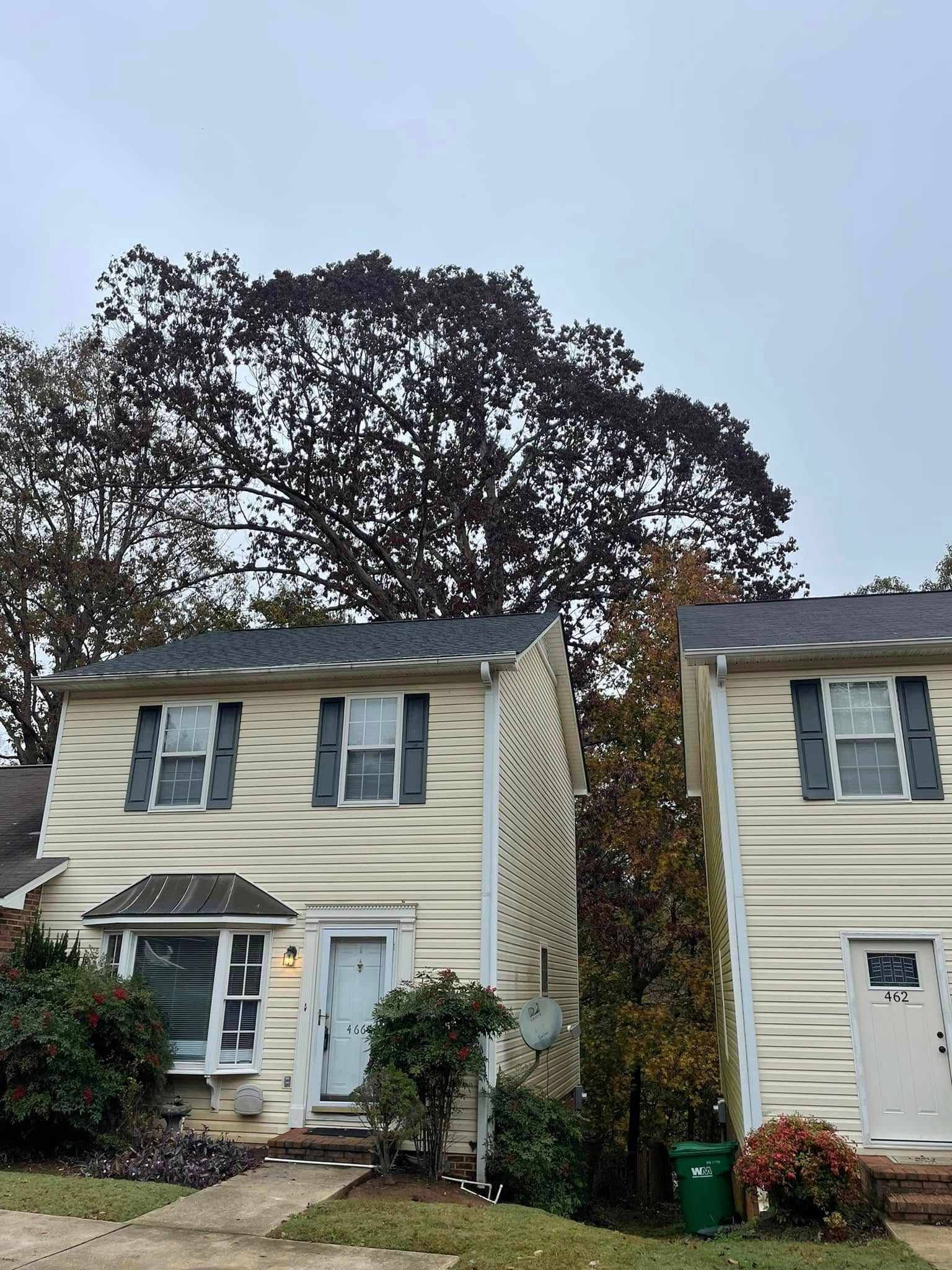 Two beige townhouses with dark shutters and a large tree in the background.