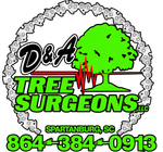 D&A Tree Surgeons LLC logo with green tree, red heartbeat line, Spartanburg, SC, and phone 864-384-0913