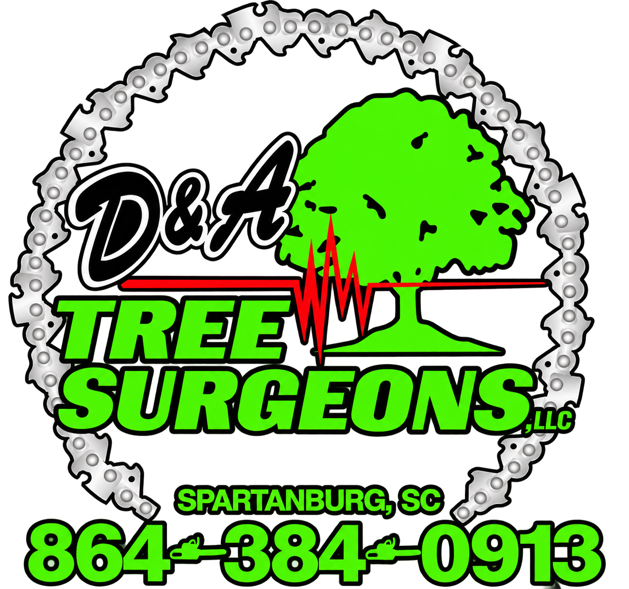 D&A Tree Surgeons LLC logo with green tree, red heartbeat line, Spartanburg, SC, and phone 864-384-0913