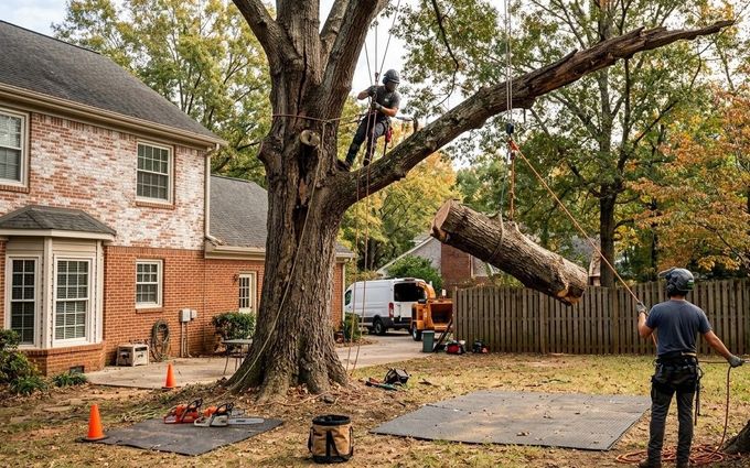 Backyard with two tall trees, a red cherry picker, and a white truck beside a house under a blue sky