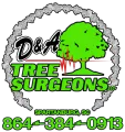 D&A Tree Surgeons LLC logo with green tree, gray ring, Spartanburg, SC, and phone number 864-384-0913