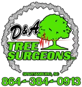 D&A Tree Surgeons LLC logo with green tree, gray ring, Spartanburg, SC, and phone number 864-384-0913
