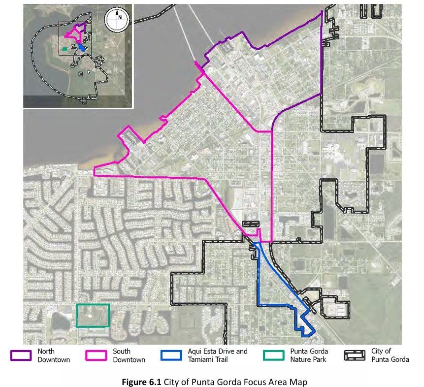 Map of Punta Gorda, Florida. Colored lines outline areas: Downtown (pink), Aqua Bella (blue), and Nature Park (black).