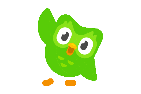 Duo, the bright green Duolingo owl mascot, smiling and waving with one wing raised.