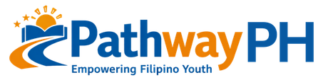 Logo for Pathway: Empowering Filipino Youth, featuring a blue book with an orange sun, stars, and a path graphic.