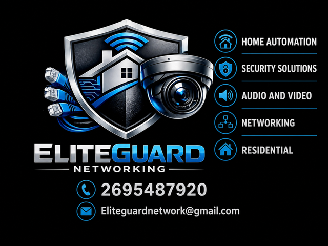 EliteGuard Networking logo with shield, camera, and blue icons for security, automation, audio, and networking
