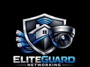 EliteGuard Networking logo with shield, security camera, and blue wireless signal on black background
