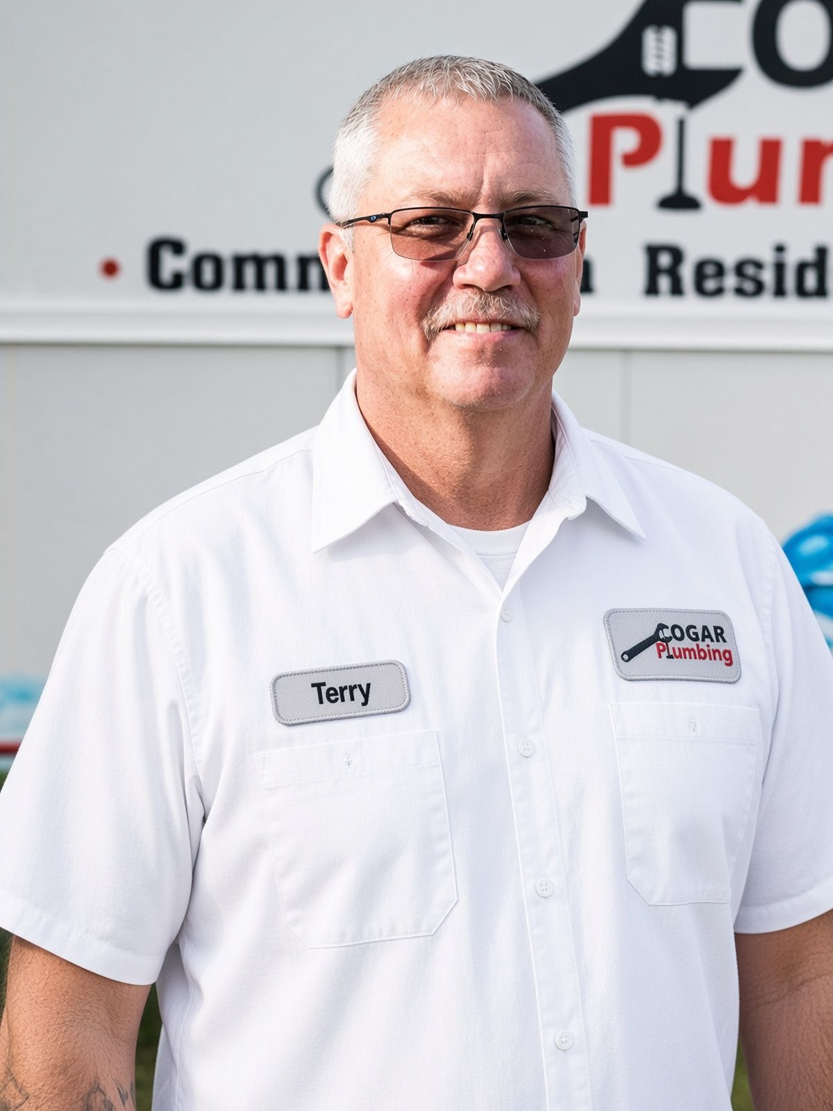 Smiling man in white uniform shirt with name tag standing in front of a company sign