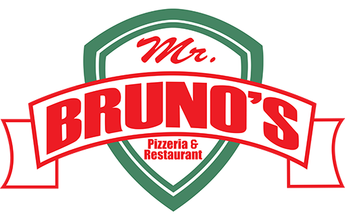 Logo for Mr. Bruno's Pizzeria & Restaurant: Red text on a red and white banner over a green shield.