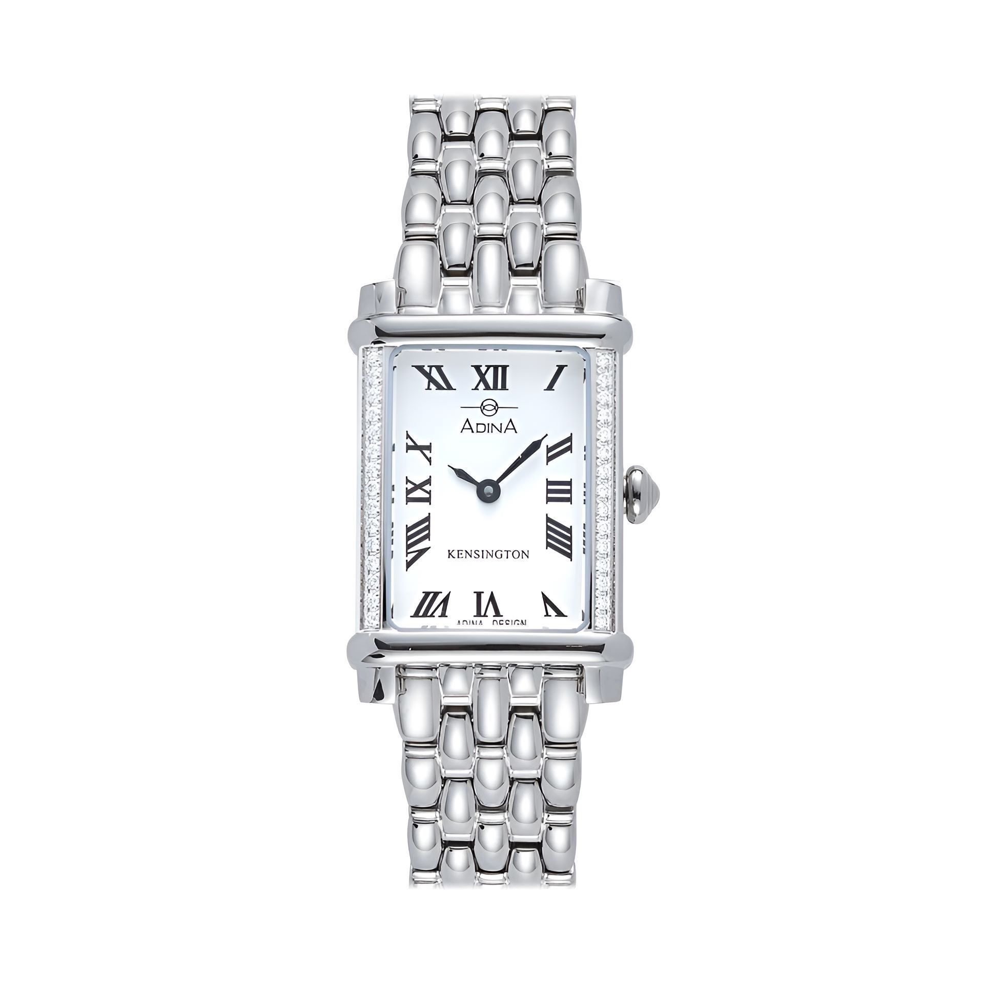 Silver Rectangular Wristwatch With Roman Numerals, Diamond Accents — Coastal Clocks & Watches in Buddina, QLD