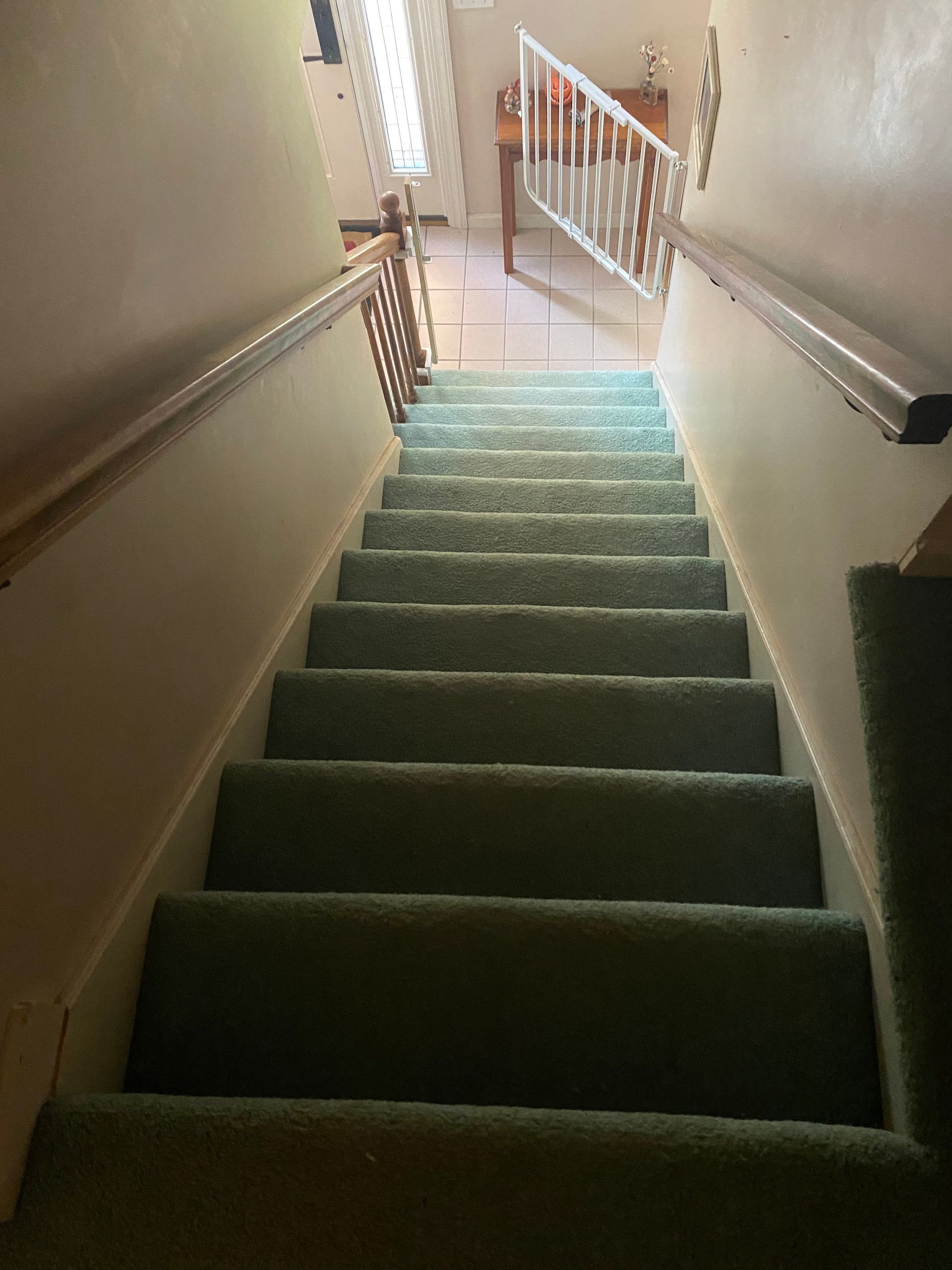 A set of stairs with green carpet and a railing