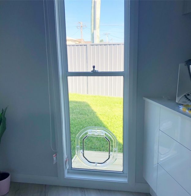 A Window With a Cat Door Installed — Long Jetty Glass in The Entrance, NSW